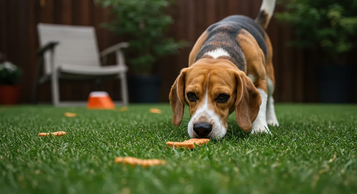 Beagle engaged in scent work and mental stimulation exercise, demonstrating the importance of mental exercise alongside physical activity