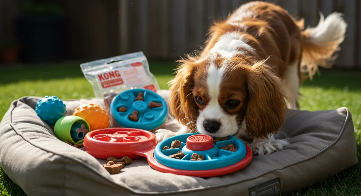 A Cavalier King Charles Spaniel playing with puzzle toys and treat-dispensing activities designed to provide mental stimulation and reduce separation anxiety