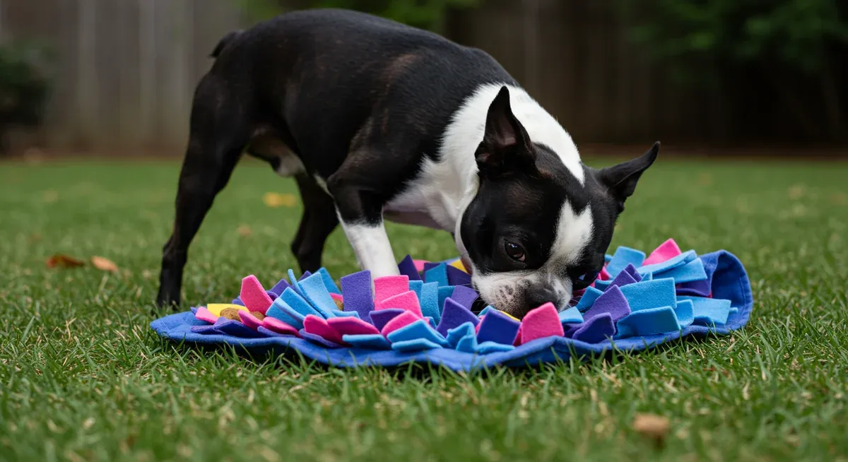 Boston Terrier using nose to search for treats in a snuffle mat, demonstrating mental stimulation and enrichment activities