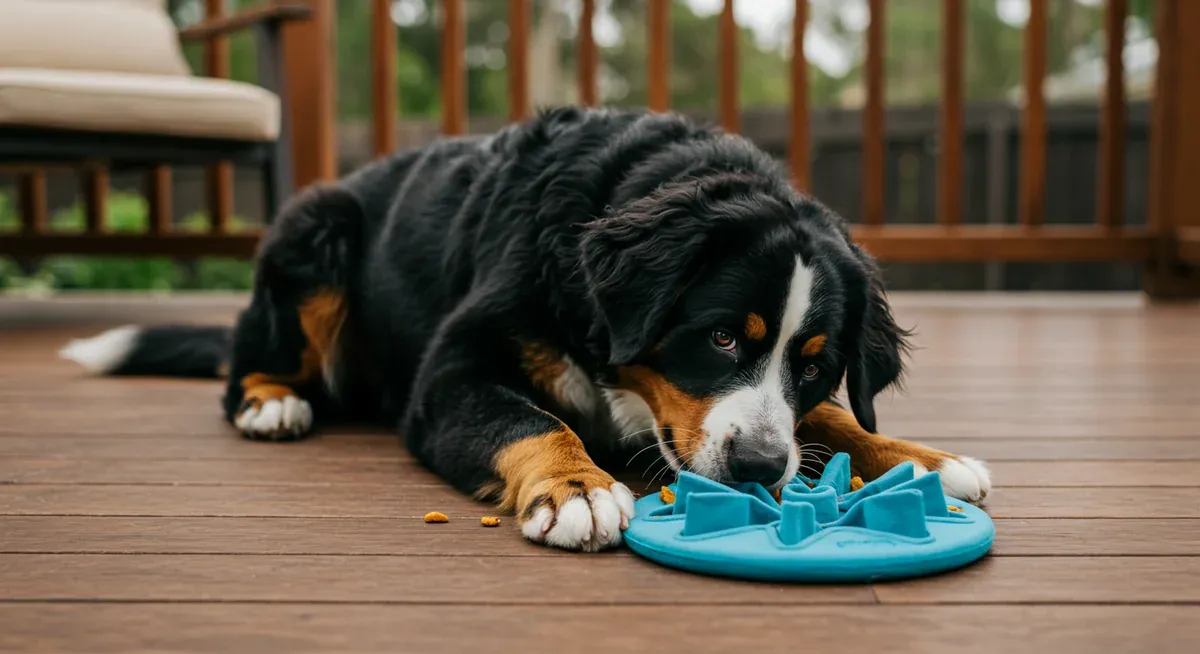 Bernese Mountain Dog puppy concentrating on solving a mental stimulation puzzle toy, demonstrating the breed's need for cognitive engagement