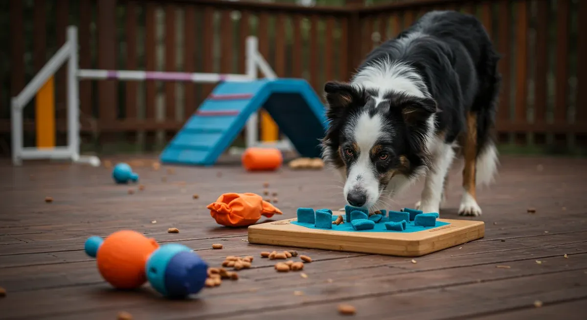 Border Collie intently working on a puzzle feeder toy, showcasing the mental stimulation activities needed beyond basic training to keep these intelligent dogs engaged and prevent destructive behaviors