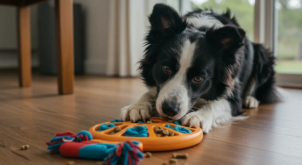 Border Collie solving puzzle toy, demonstrating the mental stimulation activities essential for the breed's wellbeing