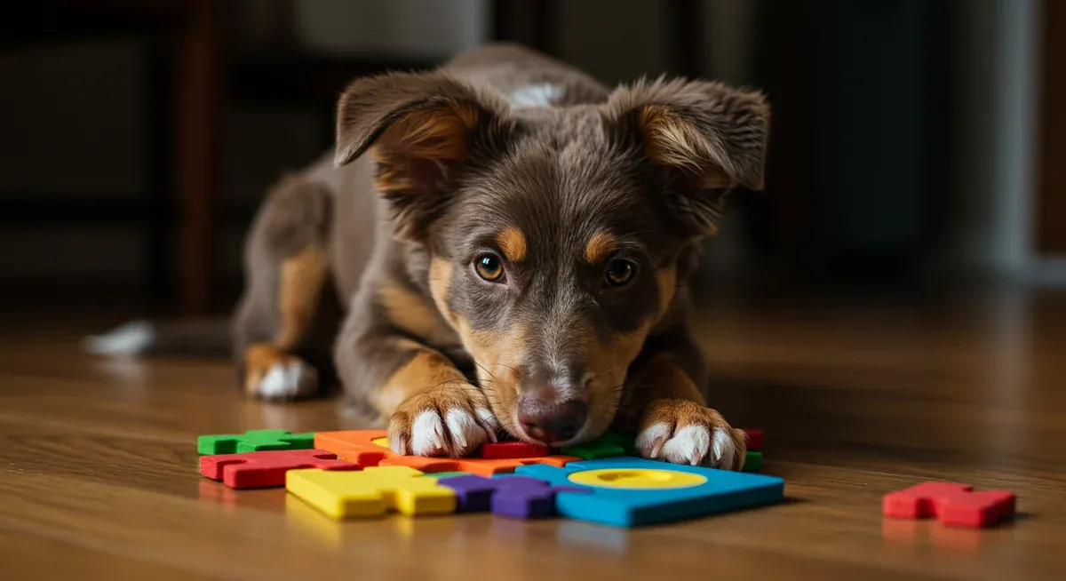 Kelpie puppy engaged with puzzle toy, demonstrating the mental stimulation activities that prevent behavioral problems