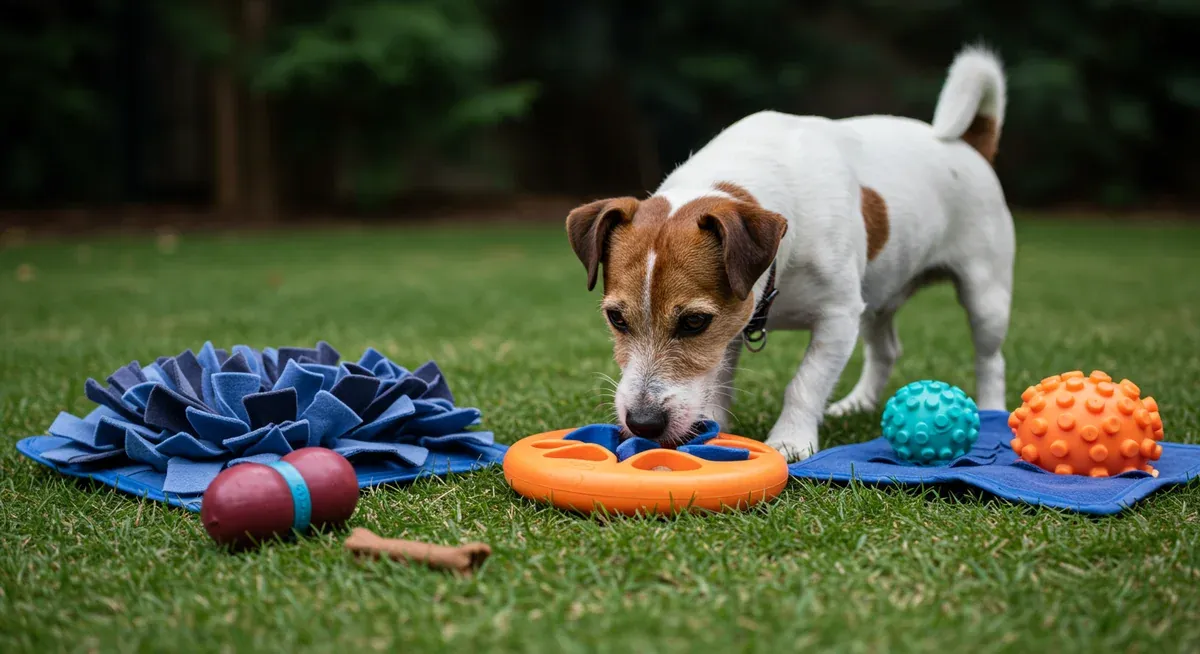 Jack Russell Terrier concentrating while using a puzzle feeder toy, with other mental stimulation toys nearby, showing how these toys engage the breed's intelligence