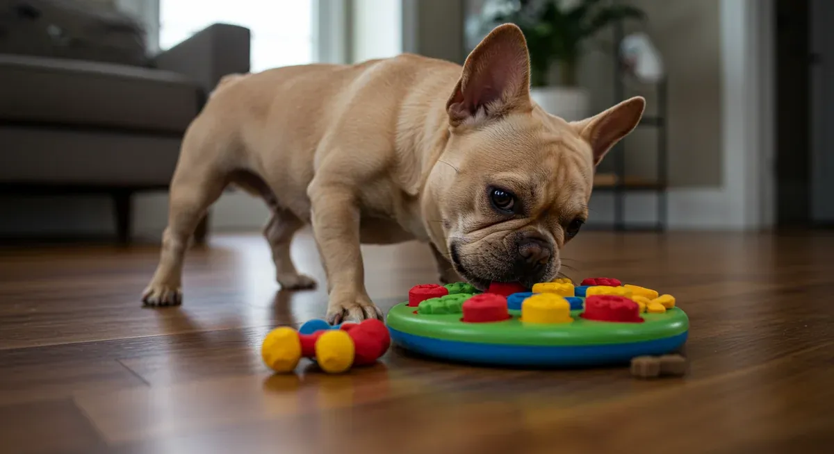 A French Bulldog concentrates on working with an interactive puzzle toy, showcasing how mental stimulation toys engage the breed's problem-solving abilities and reduce boredom