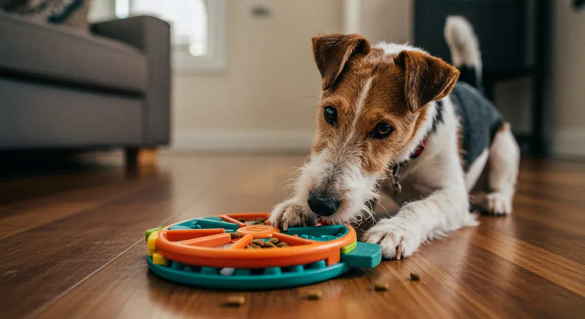 Fox Terrier actively working with a treat-dispensing puzzle toy, demonstrating the mental stimulation these intelligent dogs require through interactive play