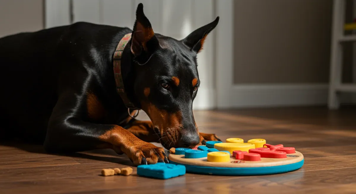 A Doberman Pinscher concentrating on solving a puzzle toy to access treats, demonstrating the mental stimulation these toys provide for intelligent breeds