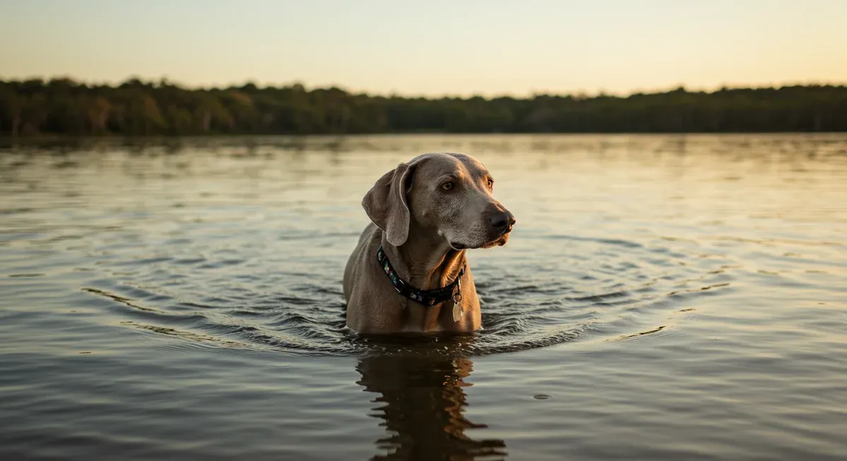 A senior Weimaraner engaging in modified, low-impact exercise like swimming, demonstrating appropriate physical activity for aging dogs with joint concerns