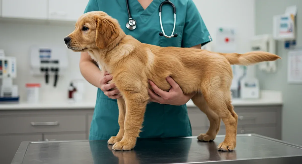 Veterinarian checking Golden Retriever puppy's body condition by feeling ribs to monitor proper weight and growth