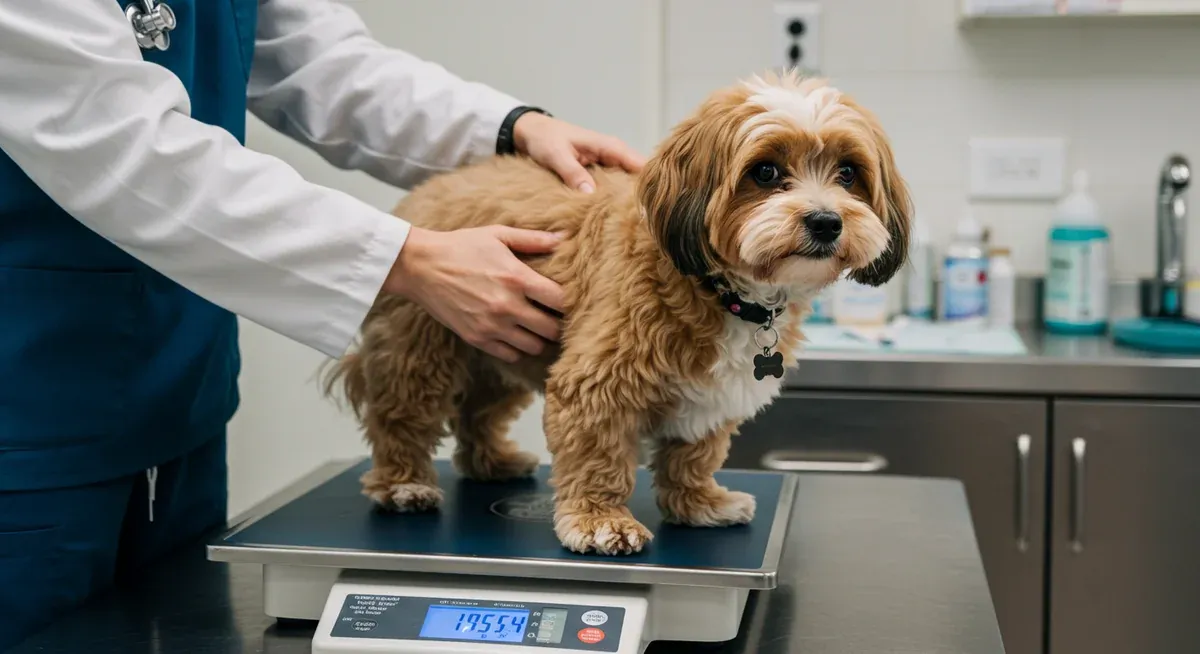 Havanese dog being weighed on a veterinary scale with digital display visible, showing the importance of regular weight monitoring for small breeds
