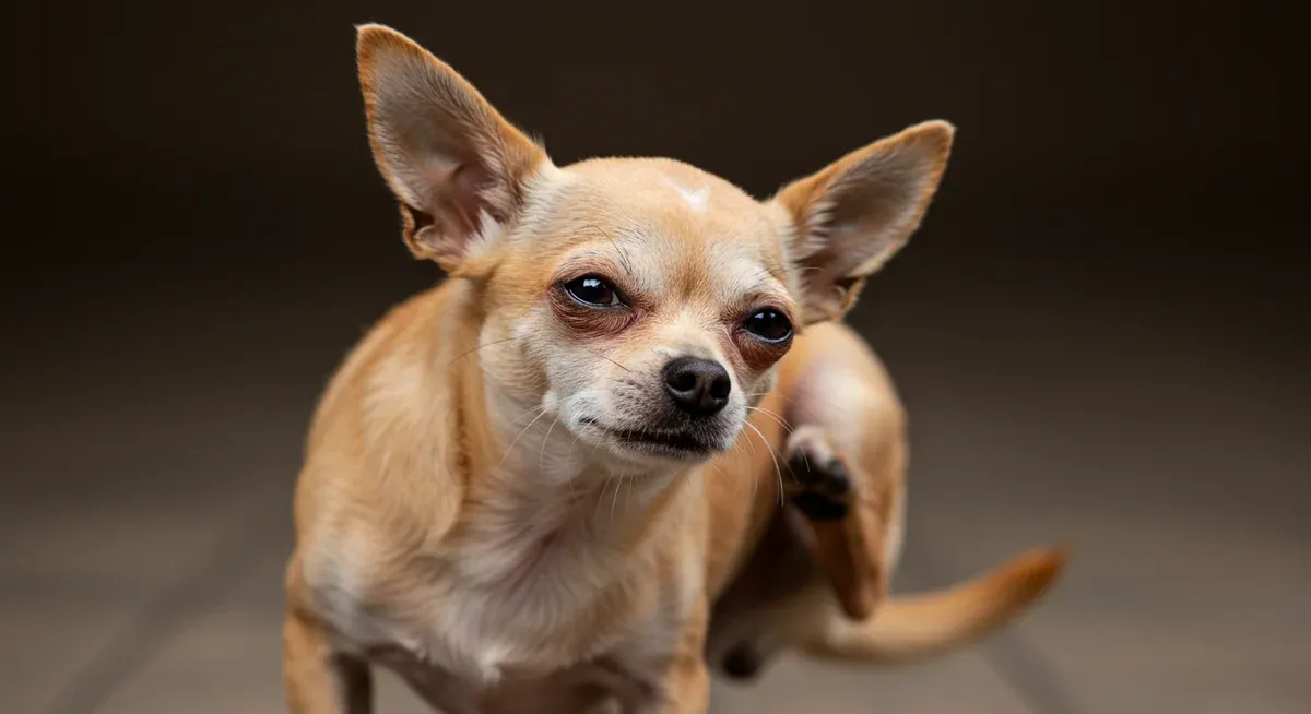 A Chihuahua showing visible signs of food allergies including skin irritation and scratching, demonstrating common symptoms that indicate dietary sensitivities in the breed