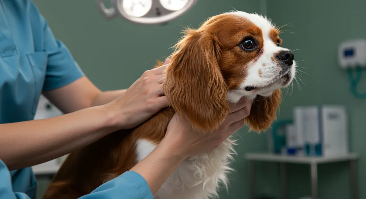 A veterinarian examining a Cavalier King Charles Spaniel's head and neck area, illustrating the importance of checking for neurological conditions like syringomyelia that can affect behavior
