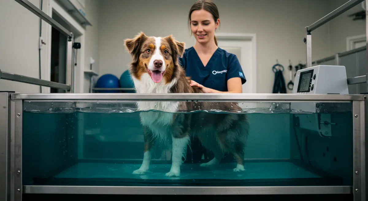 An Australian Shepherd undergoing hydrotherapy treatment as part of non-surgical hip dysplasia management, showing professional rehabilitation therapy in action