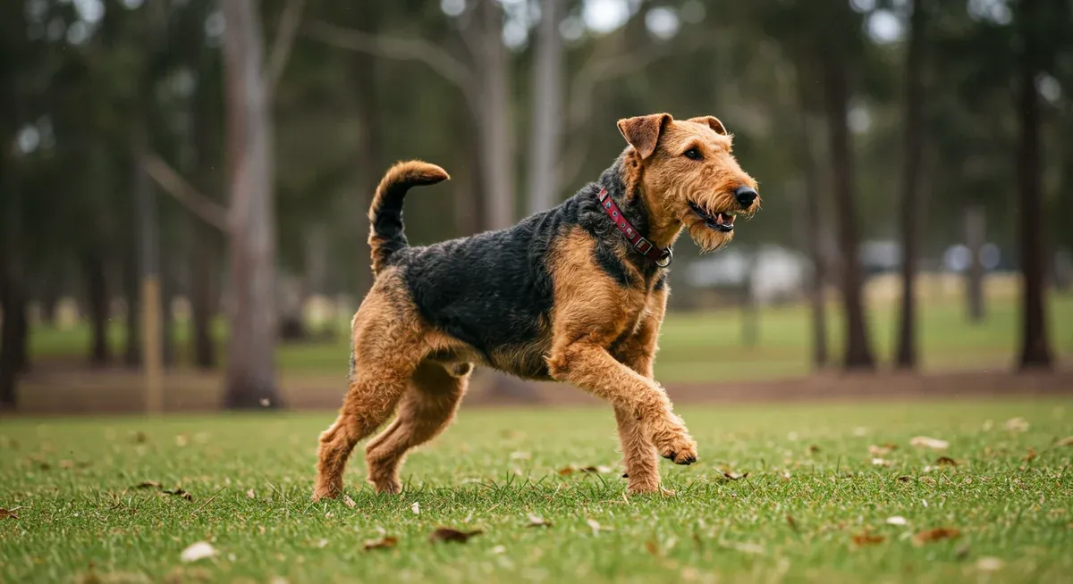 Active Airedale Terrier exercising outdoors, illustrating the breed's daily exercise requirements for maintaining health and extending lifespan