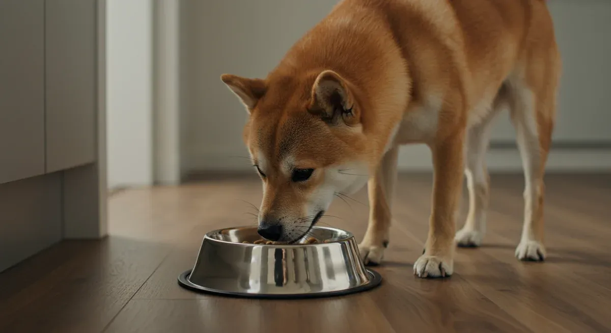 A well-conditioned Shiba Inu eating nutritious food, illustrating proper weight management and nutrition essential for hip health