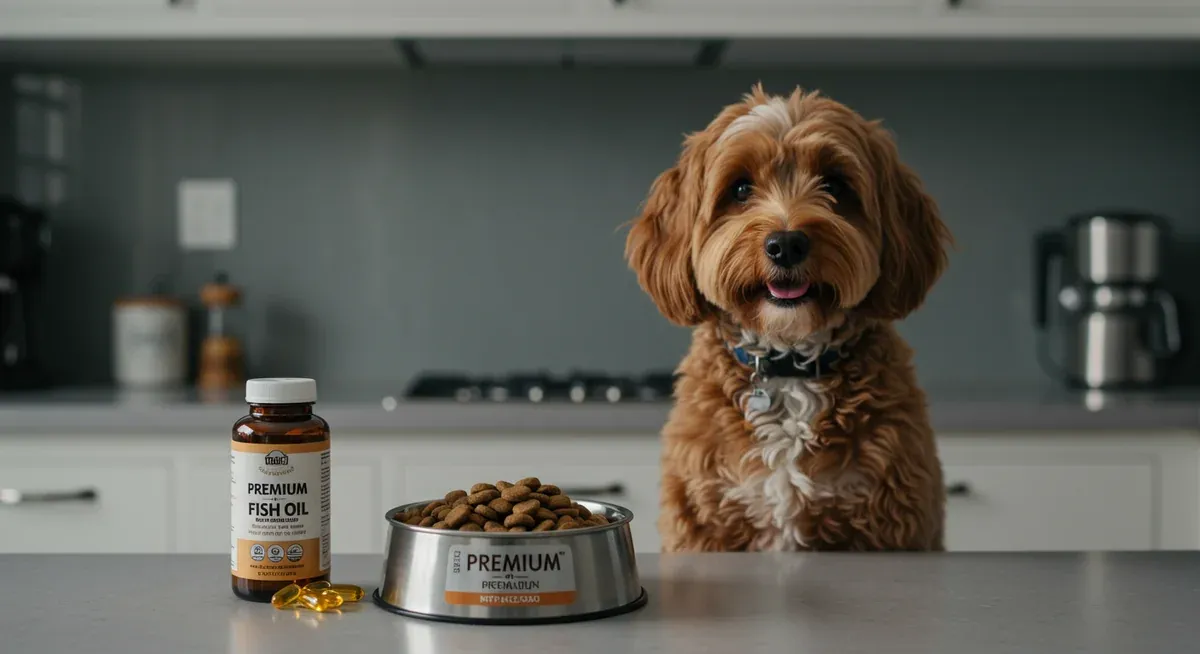 A healthy Cavoodle with a shiny coat next to quality dog food and fish oil supplements, illustrating how proper nutrition supports coat health and reduces shedding