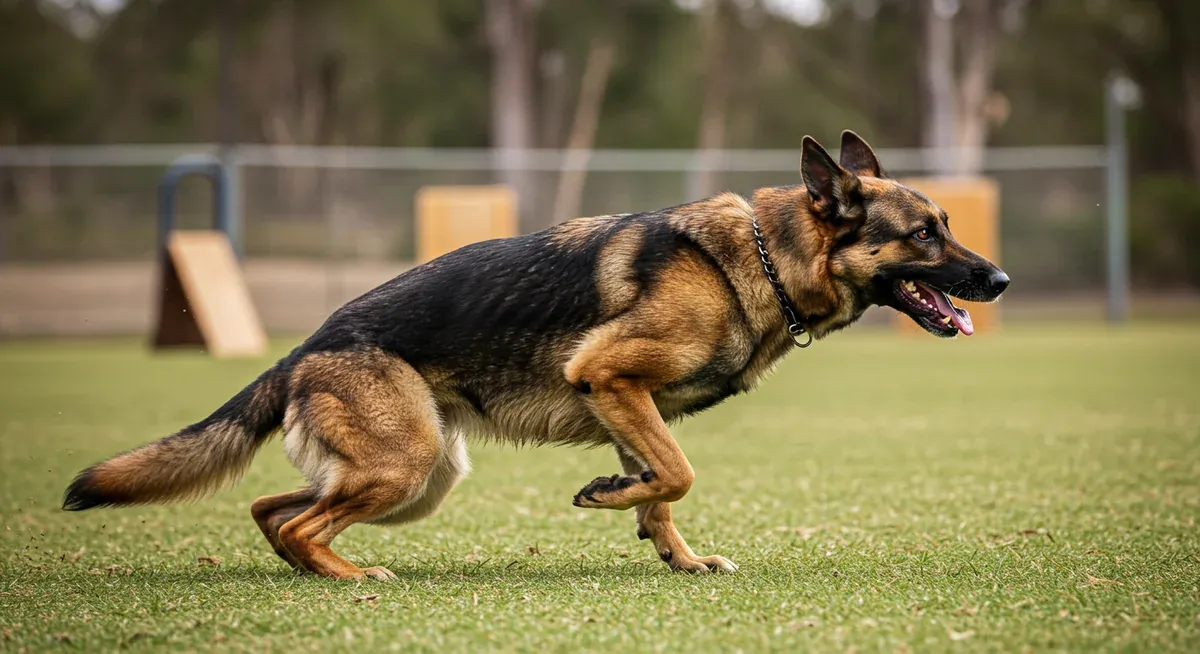 Dynamic action shot of a German Shepherd at full sprint during training, showcasing the intense physical demands that benefit from performance and recovery supplements