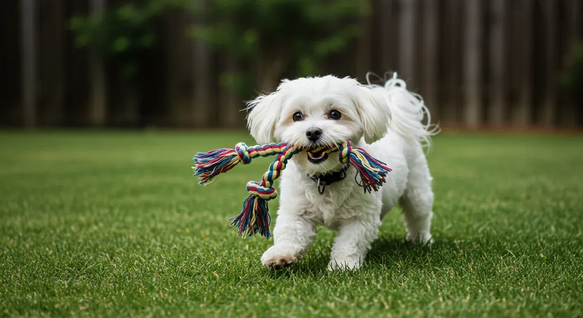 Maltese dog playing with a rope toy outdoors, illustrating how fetch and interactive play toys provide necessary physical exercise for small breed dogs