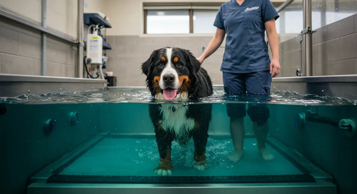 A Bernese Mountain Dog undergoing hydrotherapy treatment on an underwater treadmill, showing physical rehabilitation techniques for hip dysplasia