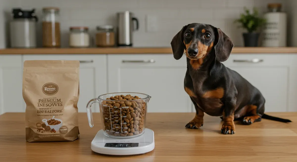 A measuring cup and food scale showing proper portion sizes next to a well-proportioned Dachshund at their feeding station, illustrating correct portion control for the breed