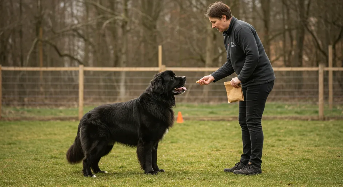 A professional dog trainer using positive reinforcement techniques with a Newfoundland dog during a training session, demonstrating the gentle, reward-based methods that work best for addressing aggression in this breed.