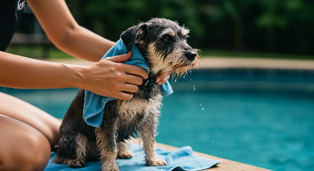 Mini Schnauzer being towel-dried after swimming, demonstrating essential post-swimming care and monitoring practices