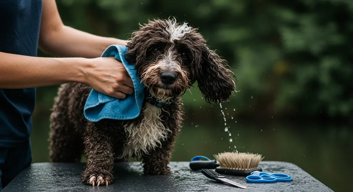 Portuguese Water Dog receiving post-swim care with towel drying, highlighting the important grooming and ear care routine mentioned in the article