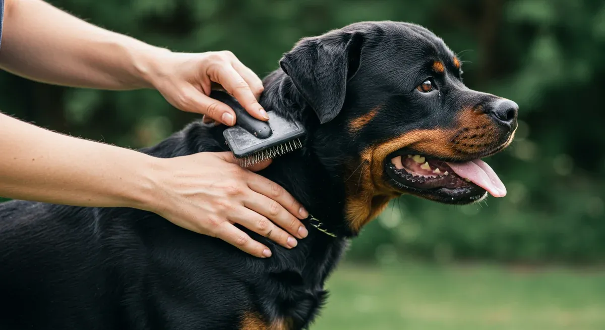 Rottweiler being groomed with a brush, demonstrating the regular grooming practices recommended for maintaining healthy skin and coat