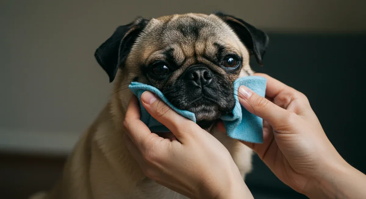 Demonstration of proper daily care showing hands gently cleaning a Pug's facial wrinkles with a damp cloth as part of preventive skin care routine