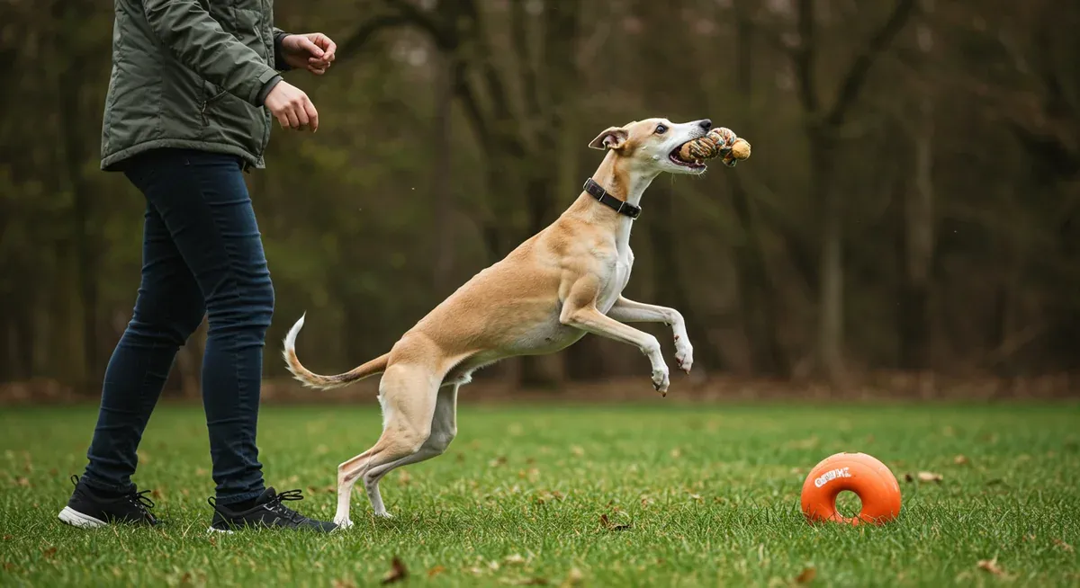 A Whippet playing an interactive game with their owner, demonstrating practical exercise activities that combine physical and mental stimulation
