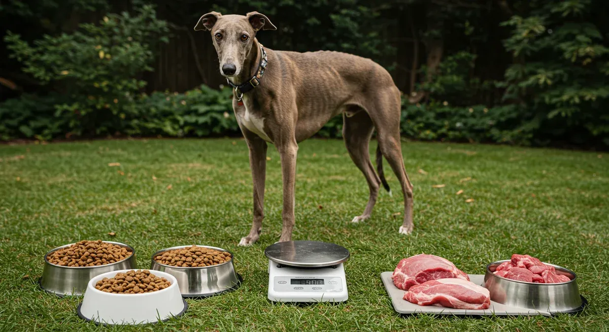 A Greyhound with properly portioned meals showing different food types and correct serving sizes for the breed's nutritional needs