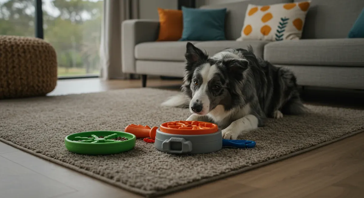 A Border Collie calmly working with puzzle toys and interactive feeders as part of separation anxiety management techniques