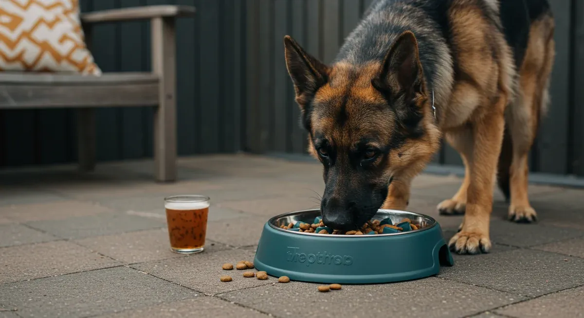 German Shepherd using a slow-feeder bowl to eat at a controlled pace as a bloat prevention strategy