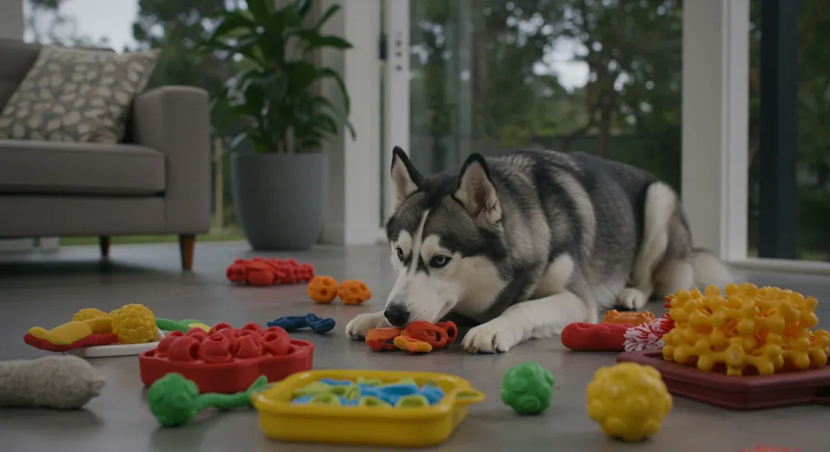 A Siberian Husky playing with puzzle toys and mental stimulation activities that help manage excessive howling through proper enrichment