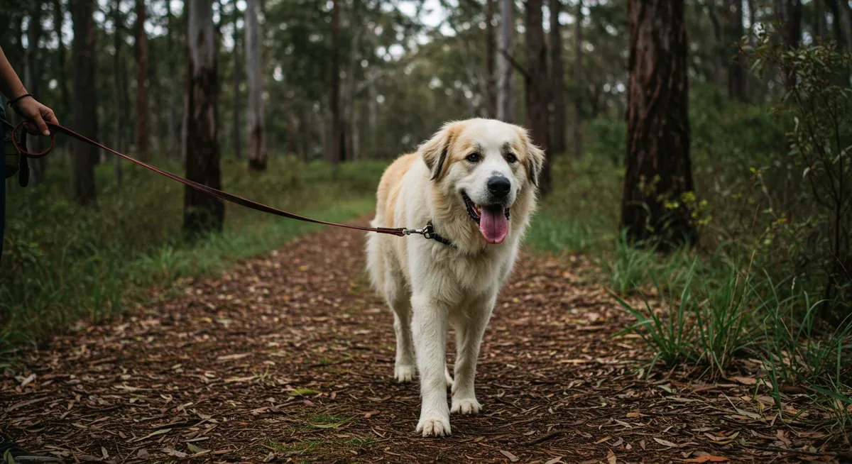 A Great Pyrenees being exercised on a hiking trail, illustrating how regular physical activity helps manage excessive barking behavior in this breed