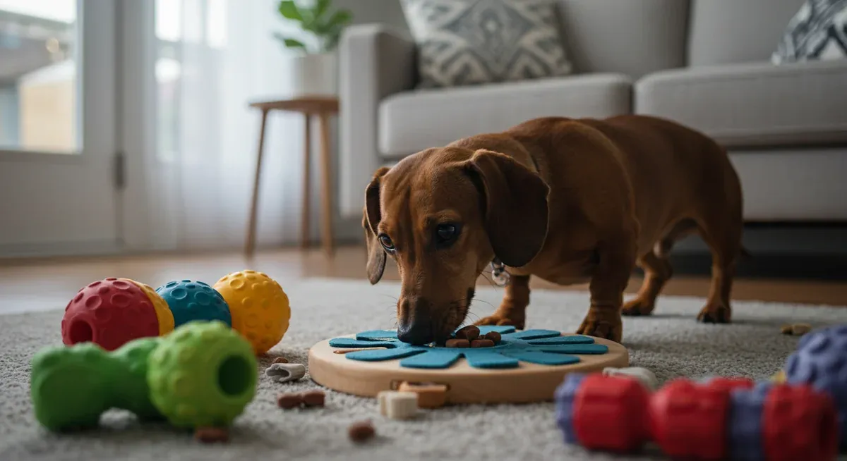 A Dachshund playing with puzzle toys and mental stimulation games, demonstrating effective strategies for reducing excessive barking through proper engagement