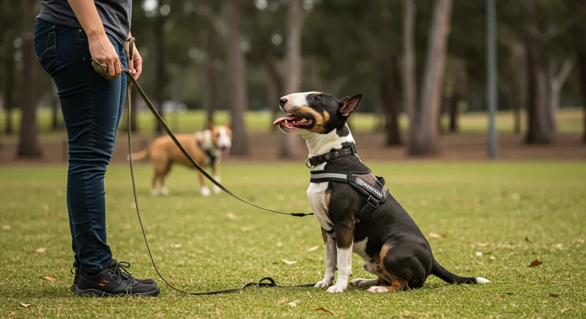 Bull Terrier successfully following obedience commands during controlled exposure training, showing effective techniques for managing reactive behavior