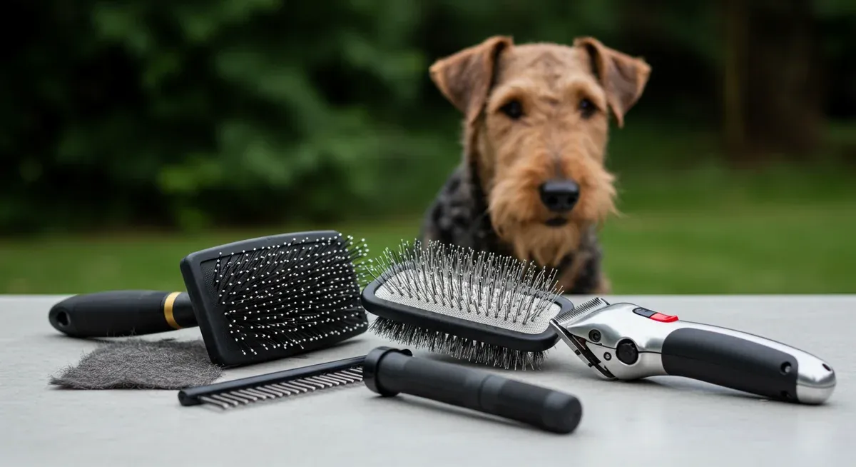 Professional grooming tools for Airedales including slicker brush, shedding rake and clippers arranged for demonstration