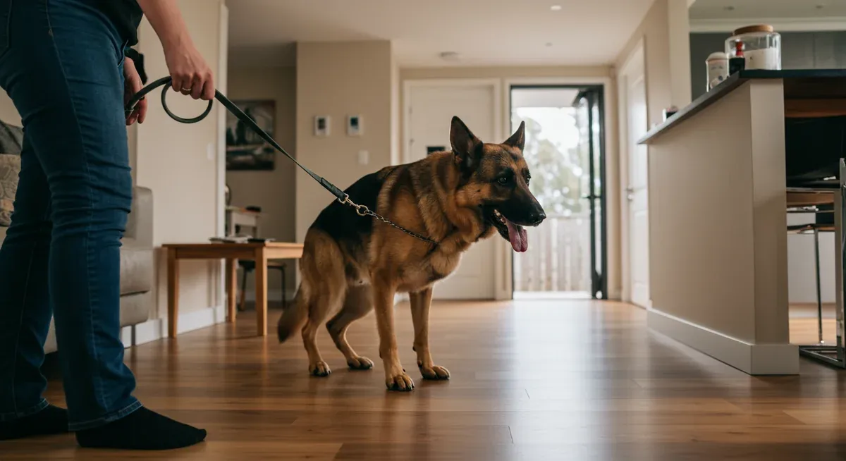 German Shepherd on leash with all four paws on the ground during greeting training, showing practical indoor training technique