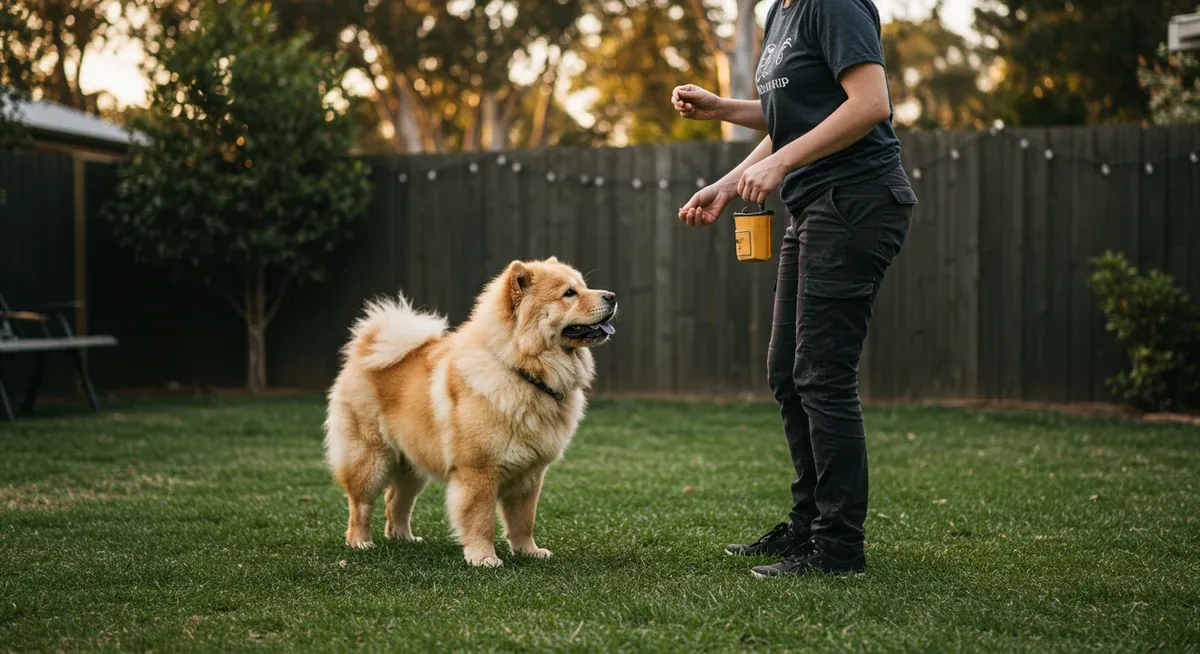 A dog owner using positive reinforcement training techniques with their Chow Chow in a backyard setting, demonstrating the patient, reward-based approach recommended for the breed
