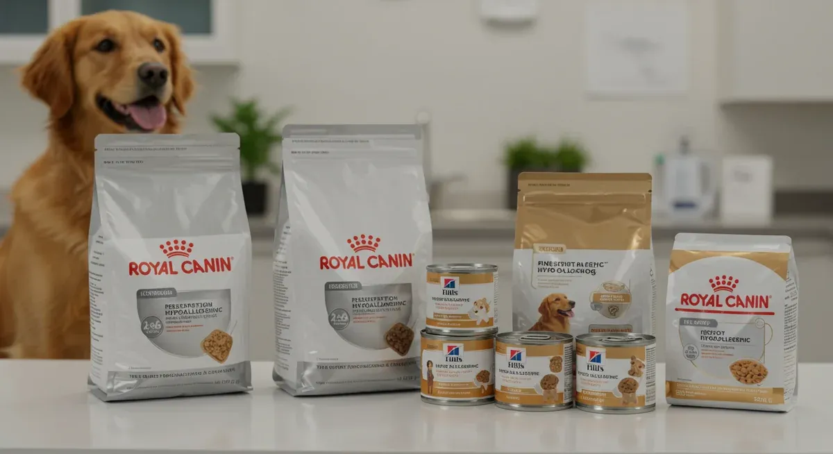 Prescription hypoallergenic dog food products displayed on veterinary counter with Golden Retriever in background, showing specialized diet options