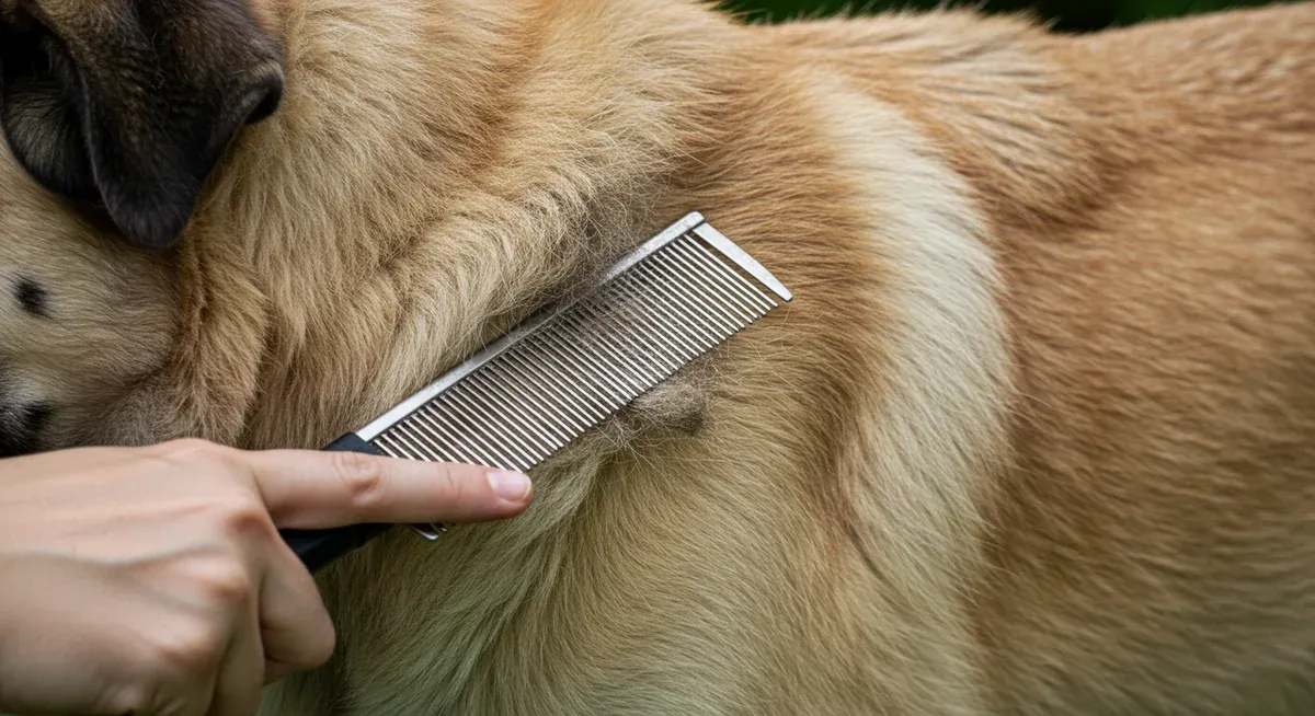 Close-up view of Anatolian Shepherd coat showing matting issues and proper detangling technique with a wide-toothed comb, illustrating common grooming problems and solutions