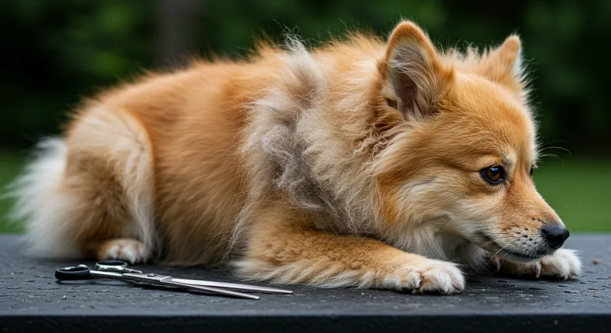 Close-up view of matted areas in American Eskimo dog's white coat showing common problem spots behind ears and legs that need careful grooming attention