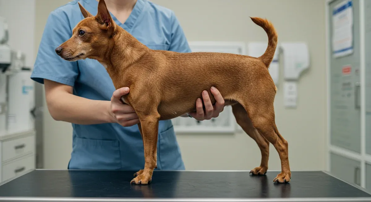 Veterinary examination of a Rat Terrier's joints to assess for hip dysplasia, patellar luxation, and other mobility issues common to the breed