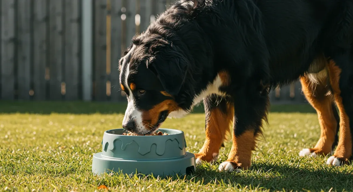 Bernese Mountain Dog using a slow feeder bowl at ground level, illustrating proper feeding methods to prevent bloat and digestive issues