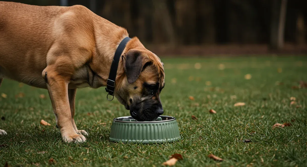 Mastiff puppy using a slow-feeder bowl designed to prevent bloat and digestive issues
