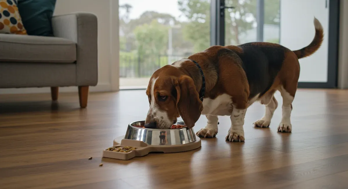 A Basset Hound eating slowly from a puzzle feeder bowl on the floor, demonstrating proper feeding techniques to prevent bloat