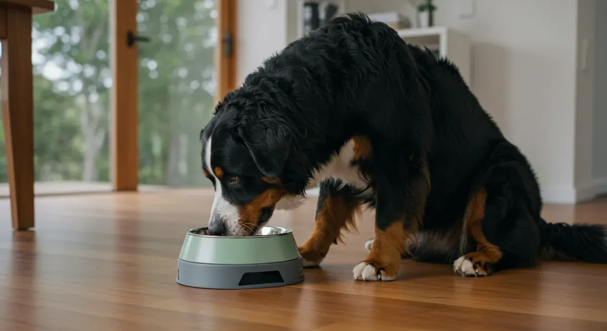 An adult Bernese Mountain Dog using a slow feeder bowl at floor level, illustrating proper feeding practices to prevent bloat in deep-chested breeds