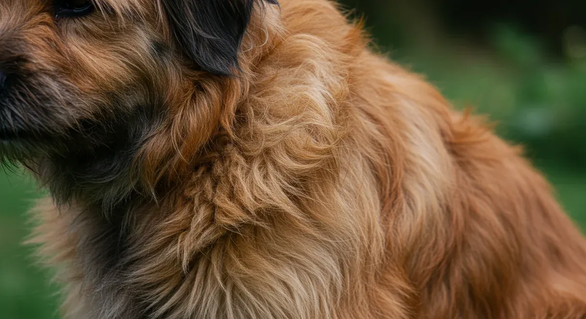 Close-up view of a Briard's coat showing areas behind the ears and under legs where matting commonly occurs, illustrating problem zones that need daily attention