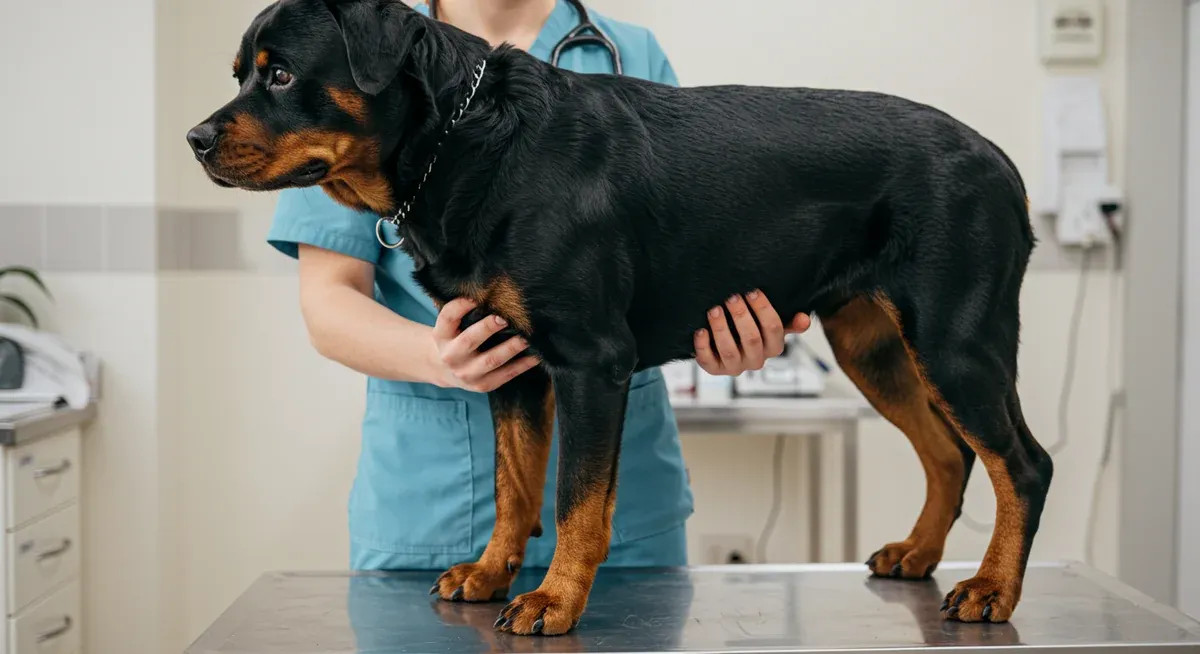 A veterinarian examining a Rottweiler's body condition by feeling for ribs, showing proper weight monitoring techniques to prevent obesity and joint problems